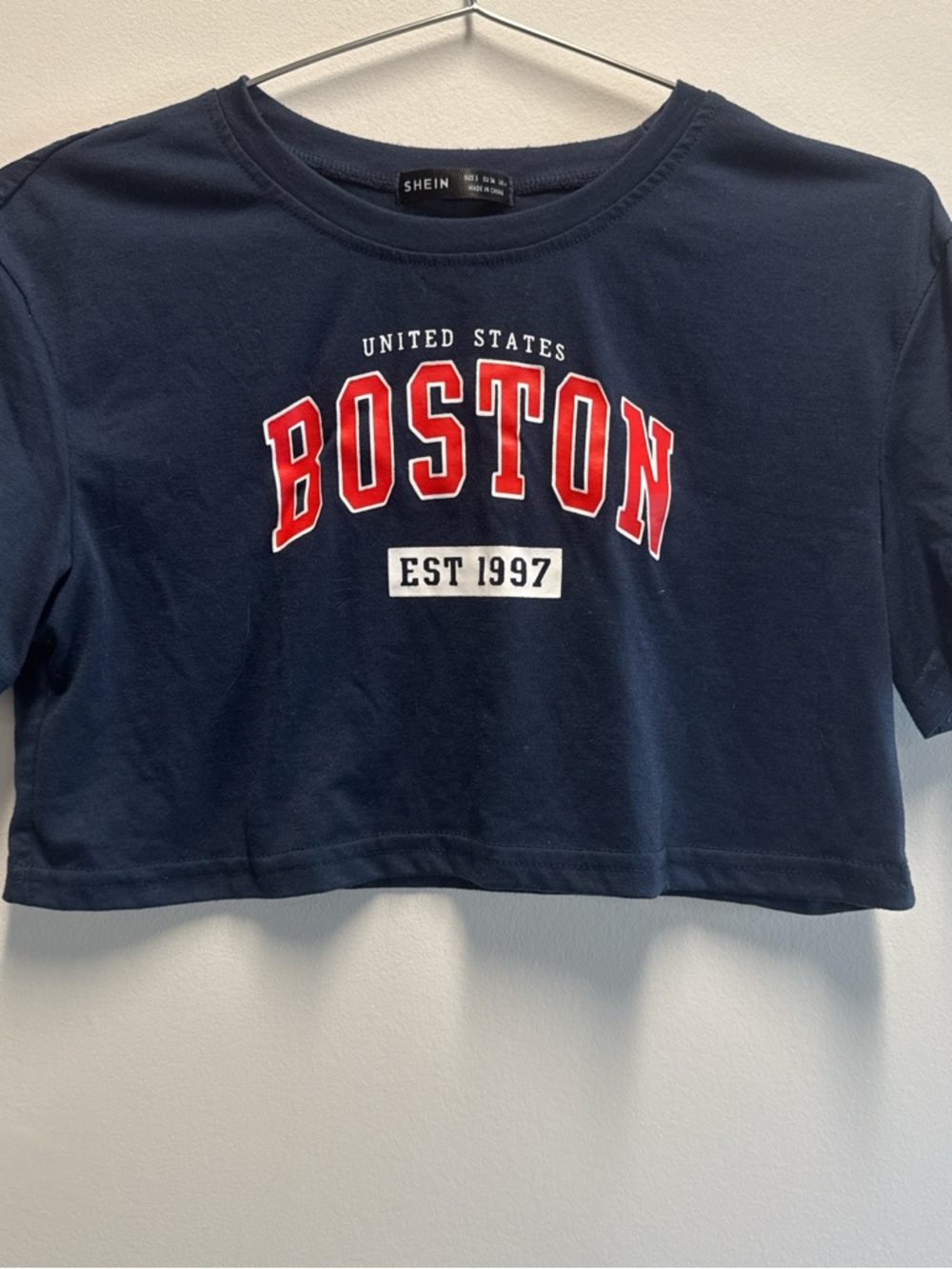 SHEIN Navy Short Sleeve Cropped Tee with Red 'BOSTON' Lettering